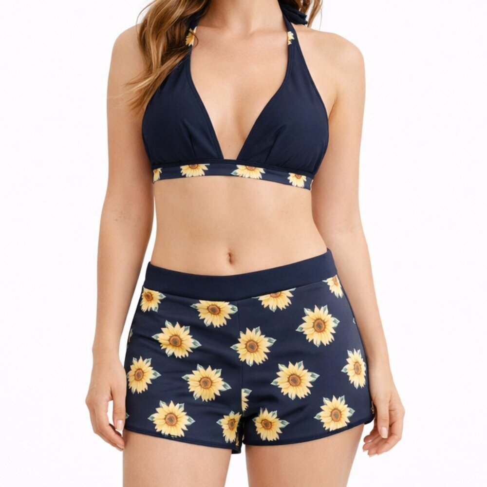Black Sunflower Bikini Set Halter Top High Waist Swim Shorts Two Piece